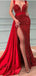 Sexy Red Mermaid V-neck High Slit Cheap Long Prom Dresses,12840