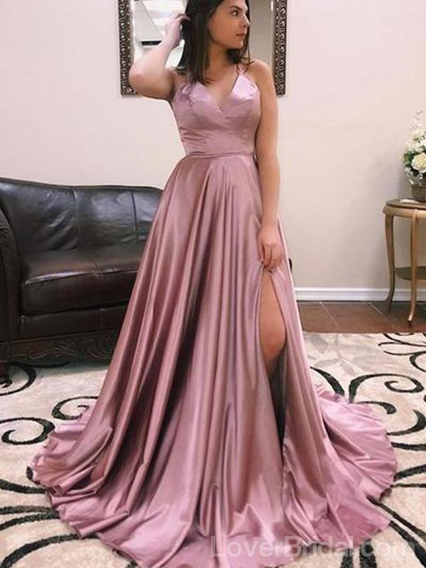 Sexy Side Slit Dustny Pink Long Evening Prom Dresses, Cheap Custom Party Prom Dresses, 18607