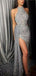 Sexy Silver Mermaid Halter High Slit Maxi Long Prom Dresses,Evening Dresses,12968