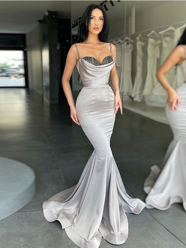 Sexy Silver Mermaid Spaghetti Straps Maxi Long Prom Dresses,Evening Dresses,12932