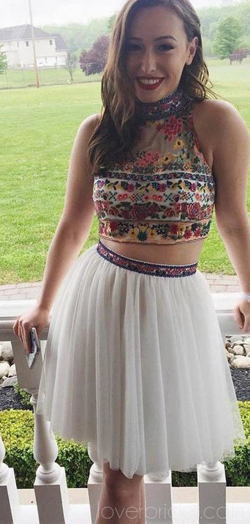 Sexy Two Pieces White Embroidery Cheap Homecoming Dresses Online, Cheap Short Prom Dresses, CM744
