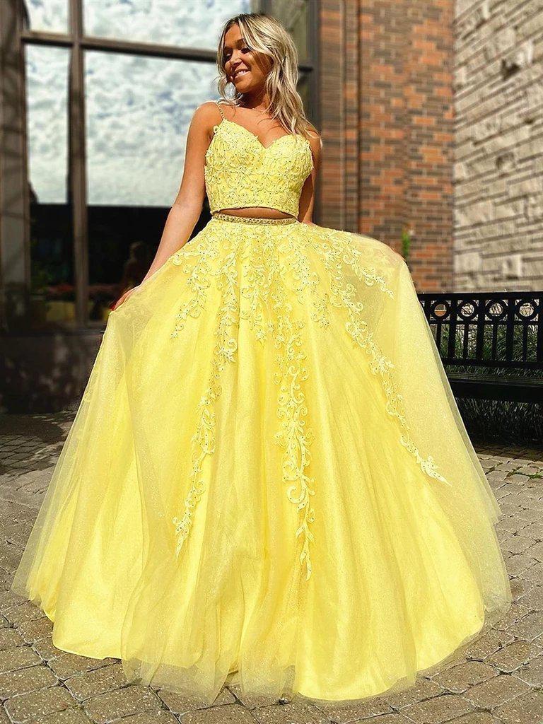 Sexy Two Pieces Yellow Lace Evening Prom Dresses, Evening Party Prom Dresses, 12142