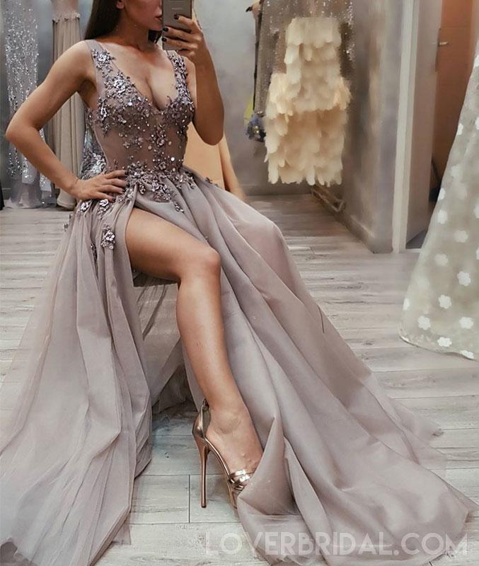 Sexy V Neck See Through Grey Side Slit Lace Long Evening Prom Dresses, Cheap Sweet 16 Dresses, 18440
