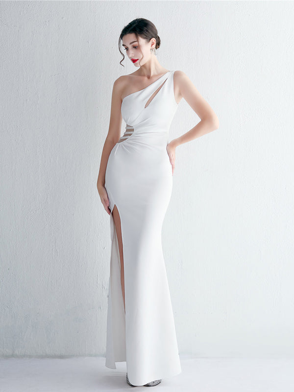 Sexy White Sheath One Shoulder High Slit Cheap Long Prom Dresses,12810