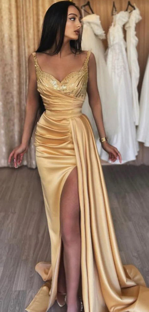 Sexy Yellow Mermaid V-neck High Slit Cheap Prom Dresses,Evening Dresses,12908