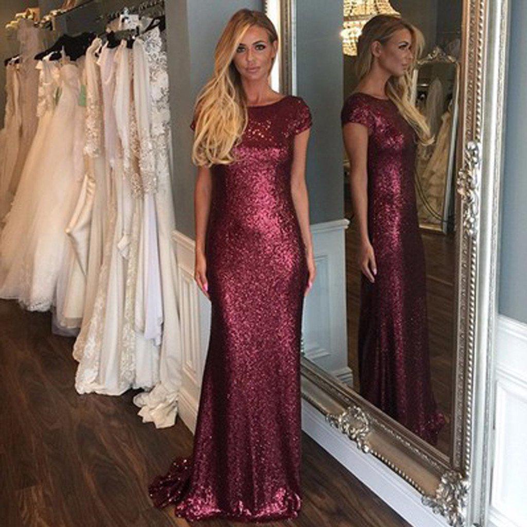 Short Sleeve Dark Red Sequin Long Bridesmaid Dresses, Cheap Unique Custom Long Bridesmaid Dresses, Affordable Bridesmaid Gowns, BD106