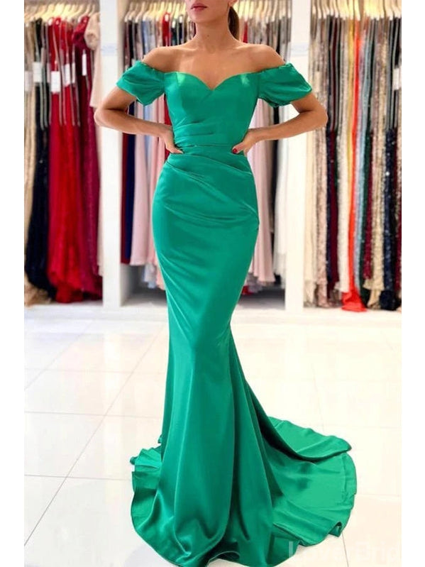 Simple Green Mermaid Off Shoulder Cheap Long Prom Dresses,12677