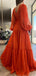 Simple Orange A-line V-neck Long Sleeves Maxi Long Prom Dresses,13046