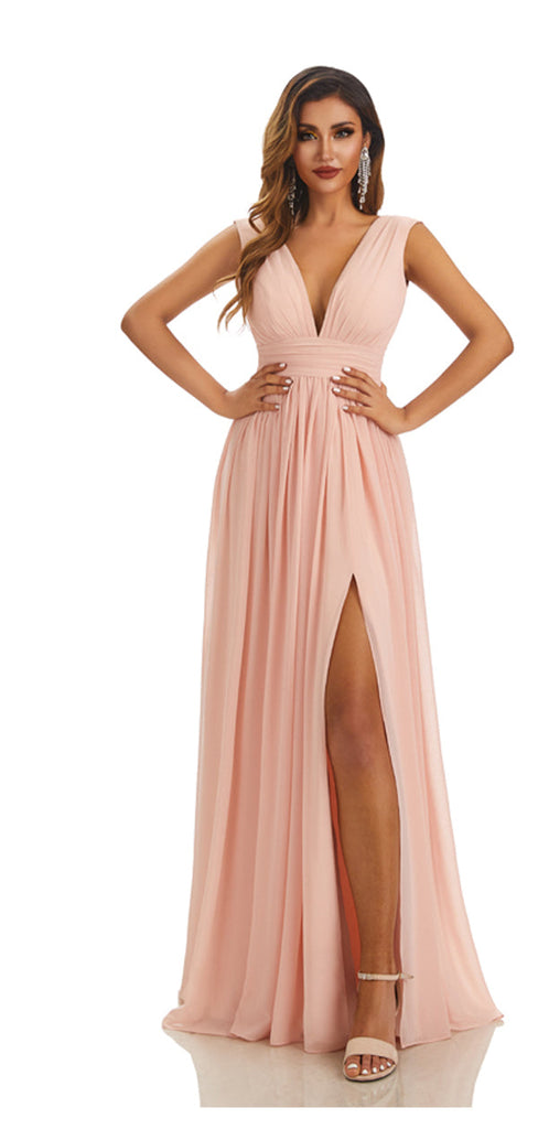 Simple Pink A-line High Slit Cheap Chiffon Long Bridesmaid Dresses,WG1419