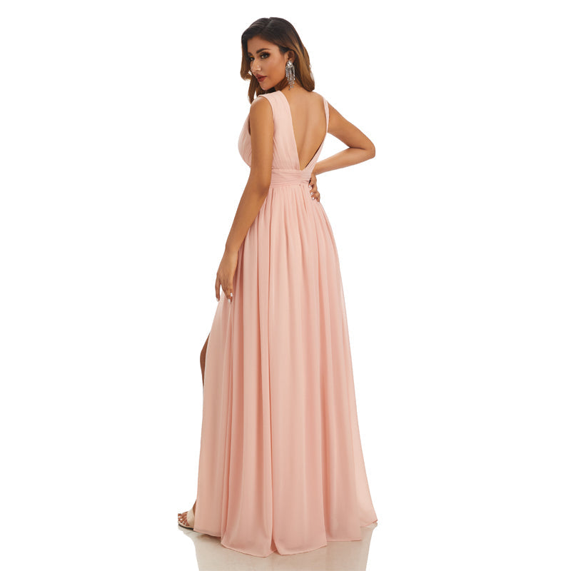 Simple Pink A-line High Slit Cheap Chiffon Long Bridesmaid Dresses,WG1419