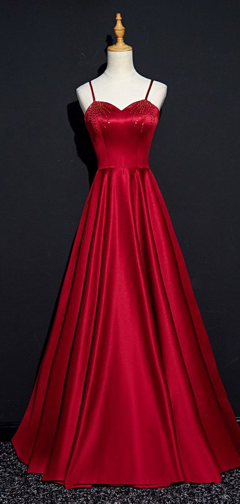 Simple Red A-line Spaghetti Straps V-neck Cheap Long Prom Dresses Online,12455