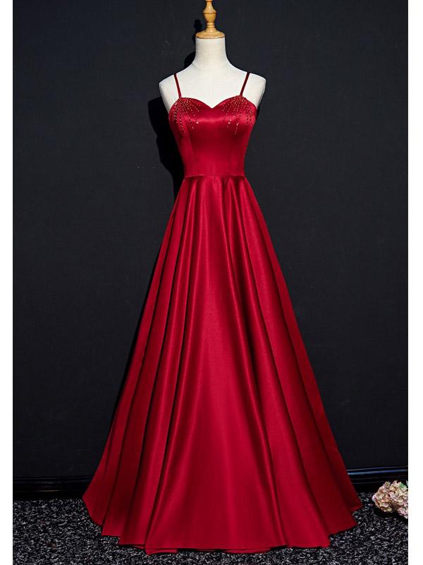 Simple Red A-line Spaghetti Straps V-neck Cheap Long Prom Dresses Online,12455