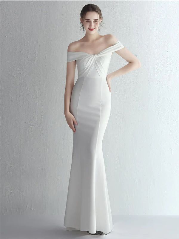 Simple White Mermaid Off Shoulder Long Prom Dresses Online,12830