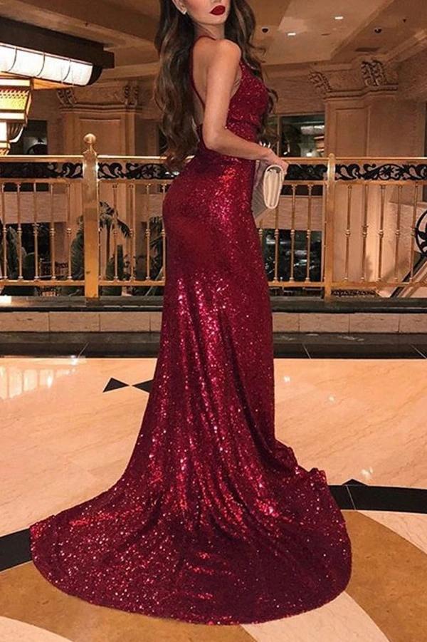 Spaghetti Straps Dark Red Sequin Mermaid Cheap Long Evening Prom Dresses, Evening Party Prom Dresses, 12305