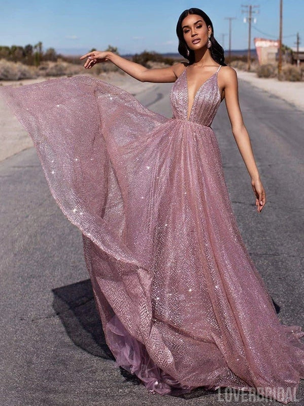 Sparkly A-line Deep V-neck Backless Long Prom Dresses Online,Dance Dresses,12599