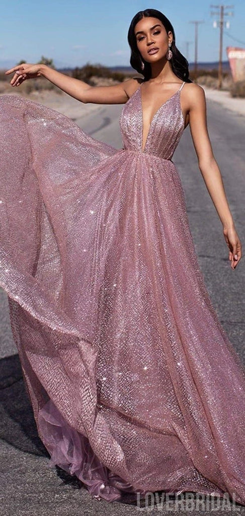 Sparkly A-line Deep V-neck Backless Long Prom Dresses Online,Dance Dresses,12599