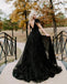 Sparkly Black A-line V-neck Maxi Long Party Prom Dresses Online,13084