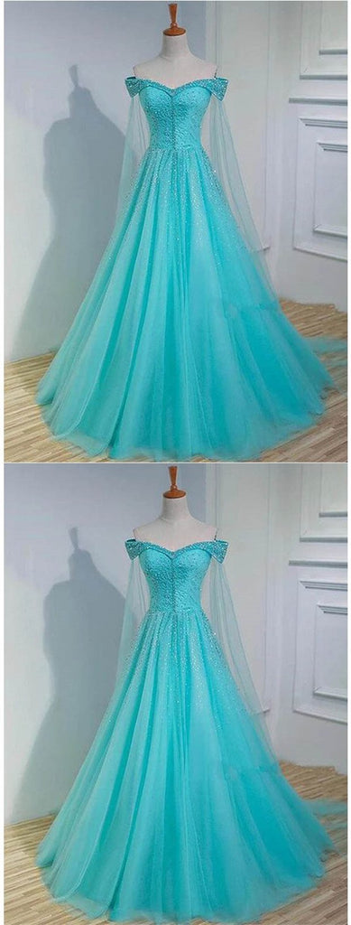 Sparkly Blue A-line Off Shoulder Long Prom Dresses Online, Dance Dresses,12520