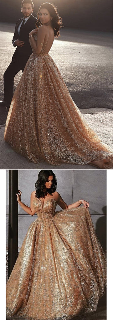 Sparkly Gold Mermaid Spaghetti Straps Backless Maxi Long Prom Dresses,12931