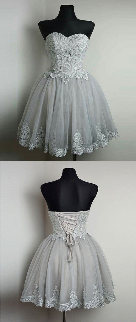 Strapless Gray Lace Tulle Homecoming Prom Dresses, Affordable Short Party Prom Sweet 16 Dresses, Perfect Homecoming Cocktail Dresses, CM350