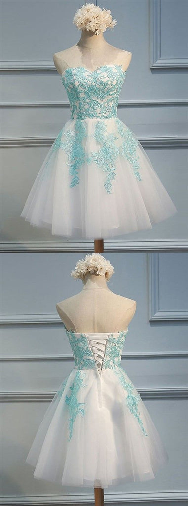 Strapless Sweetheart Tiffany Blue Lace Tulle Homecoming Prom Dresses, Affordable Short Party Prom Sweet 16 Dresses, Perfect Homecoming Cocktail Dresses, CM355