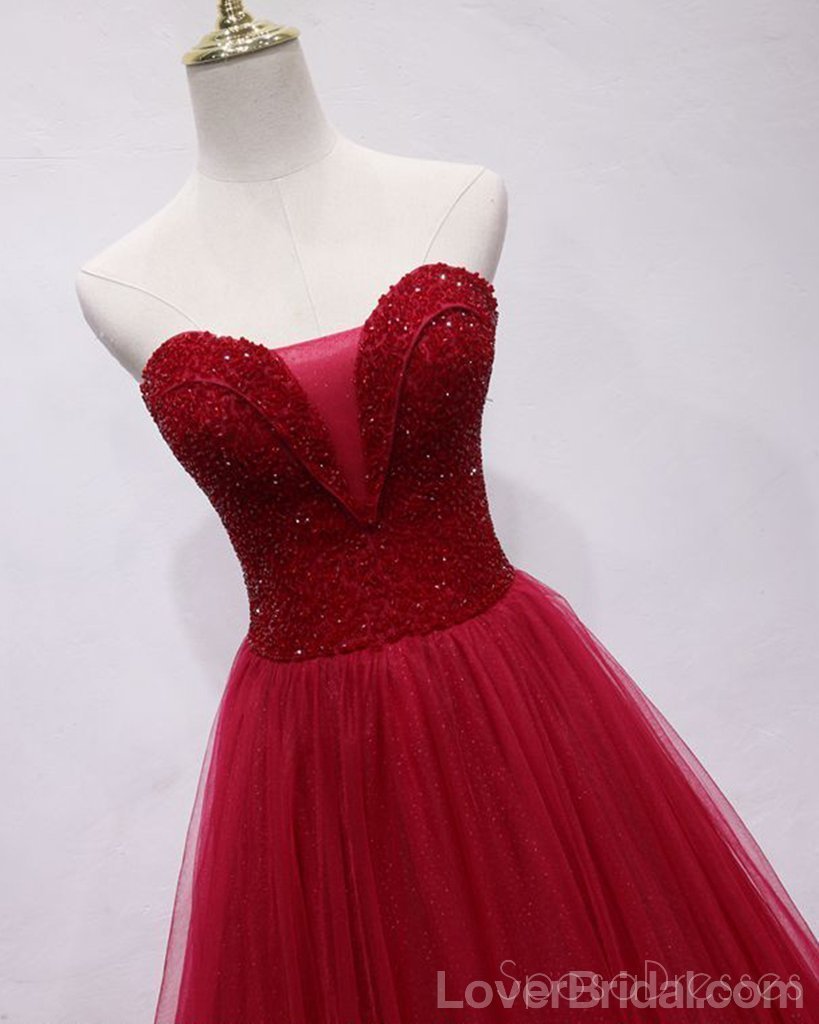 Sweetheart Beaded Dark Red Long Evening Prom Dresses, Cheap Custom Party Prom Dresses, 18594