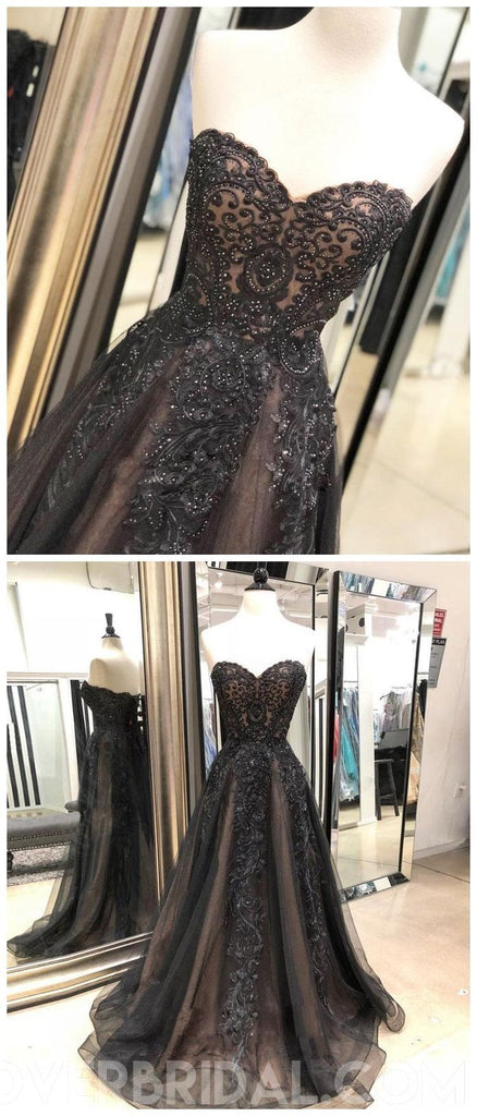 Sweetheart Black Lace Beaded A-line Long Evening Prom Dresses, Cheap Sweet 16 Dresses, 18430