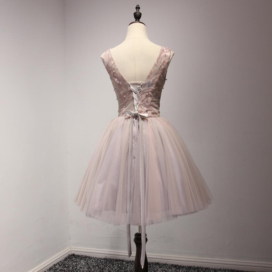Two Strapless V Neckline Blush Pink Beaded Homecoming Prom Dresses, Affordable Short Party Corset Back Prom Dresses, Perfect Homecoming Dresses, CM226