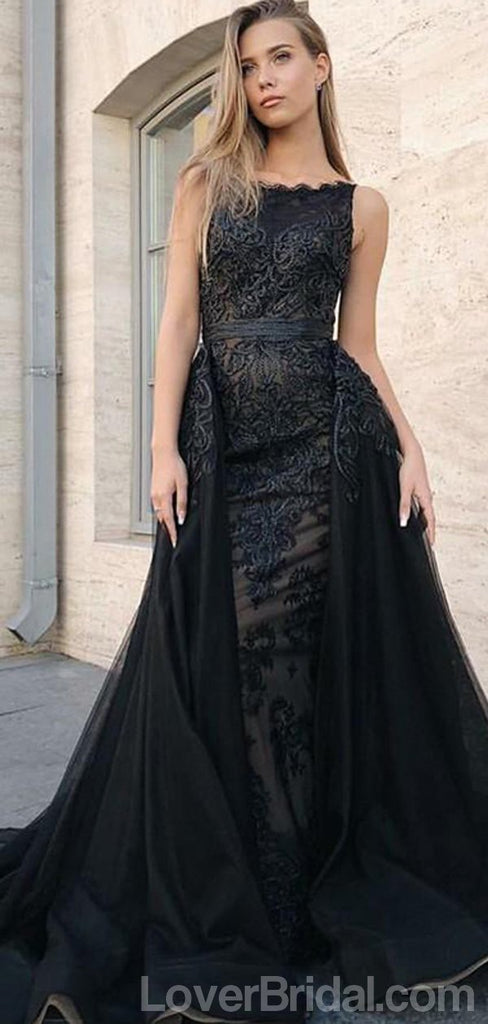 Unique Black Lace A-line Long Evening Prom Dresses, Cheap Custom Sweet 16 Dresses, 18551