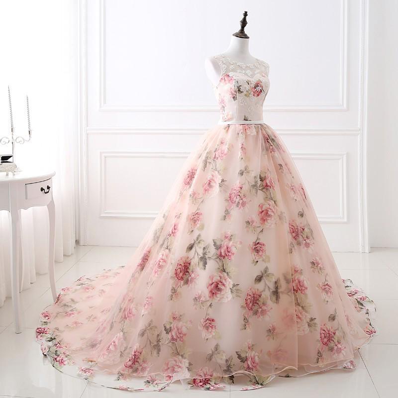 Unique Flower Fabric A-line Bateau Lace Long Evening Prom Dresses, Sparkly Sweet 16 Dresses, 18343