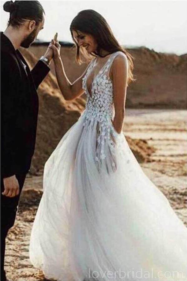 V Neck A-line Lace Cheap Long Wedding Dresses Online, Cheap Bridal Dresses, WD521