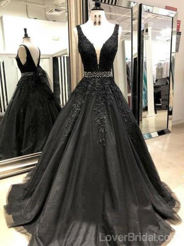 V-neck Black Lace Beaded A-line Long Evening Prom Dresses, Cheap Custom Sweet 16 Dresses, 18553