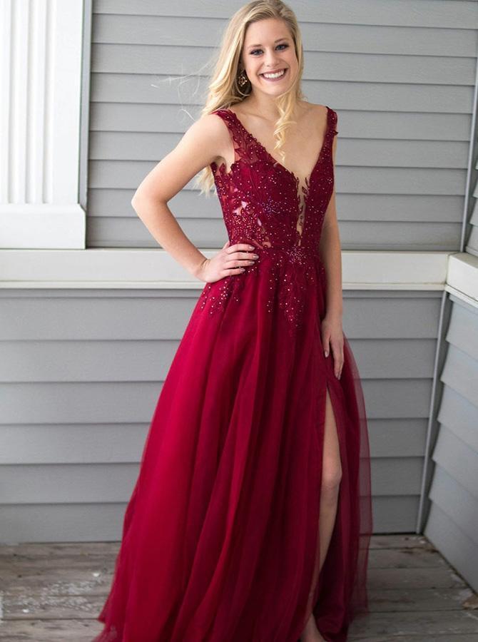 V Neck Burgundy Side Slit Cheap Long Evening Prom Dresses, Cheap Sweet 16 Dresses, 18332