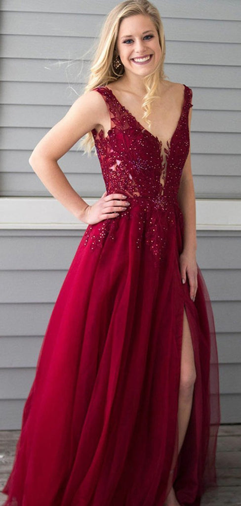 V Neck Burgundy Side Slit Cheap Long Evening Prom Dresses, Cheap Sweet 16 Dresses, 18332