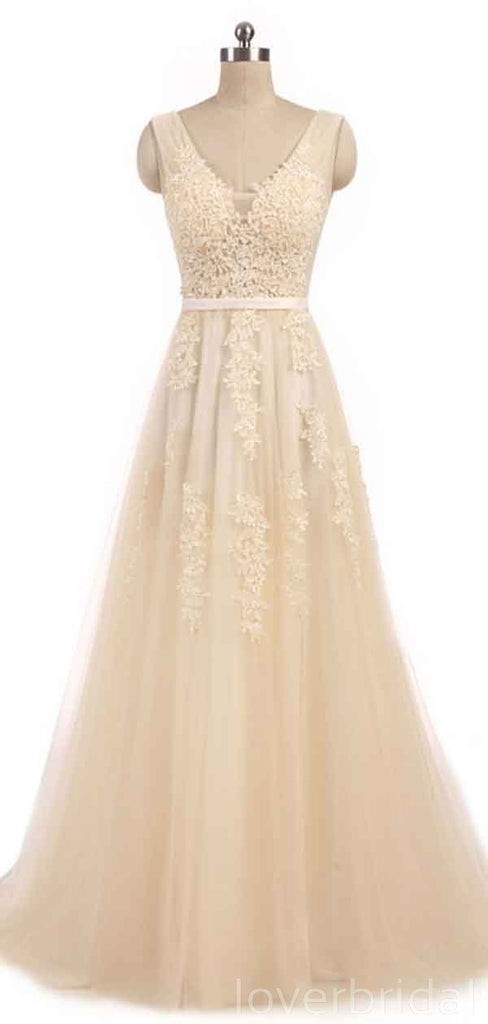 V Neck Champagne See Through Cheap Wedding Dresses Online, Cheap Bridal Dresses, WD494