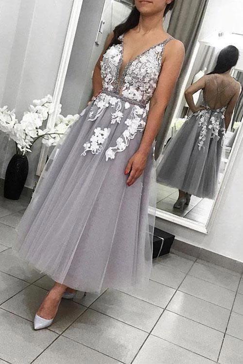V-neck Grey Lace Cheap Homecoming Dresses Online, Cheap Short Prom Dresses, CM747
