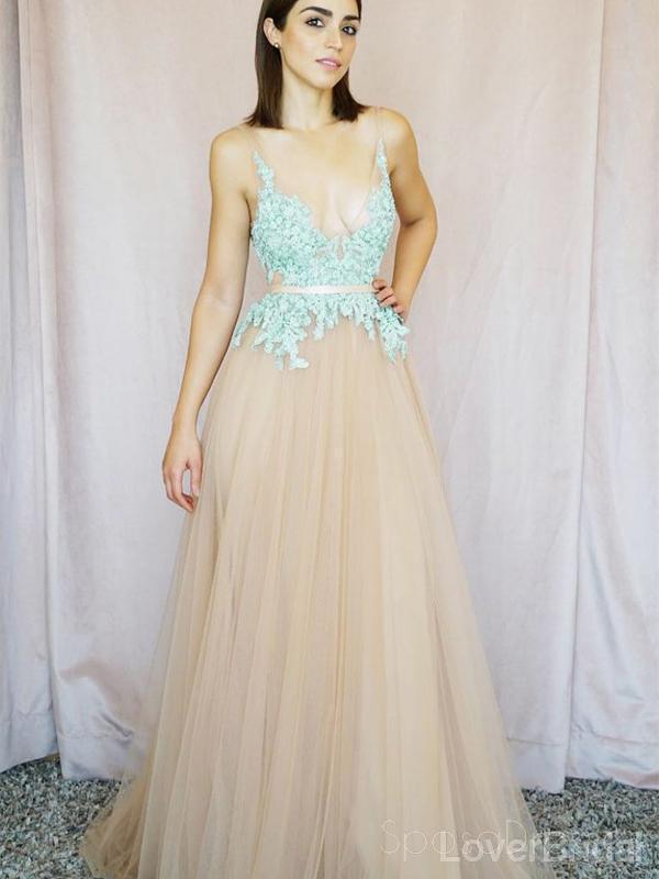 V-neck Mint Lace Tulle A-line Long Evening Prom Dresses, Cheap Party Custom  Prom Dresses, 18622