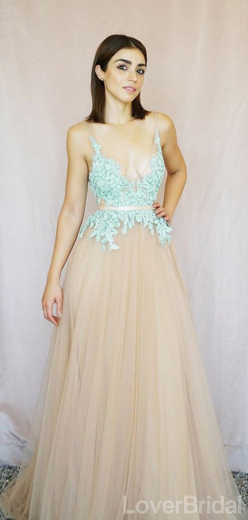 V-neck Mint Lace Tulle A-line Long Evening Prom Dresses, Cheap Party Custom  Prom Dresses, 18622
