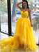 Yellow A-line Spaghetti Straps High Low Cheap Maxi Long Prom Dresses,13063